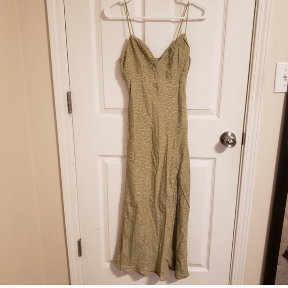 Hello Molly Olive Green Polka Dot Slip Midi Dress with Side Slit - Picture 15 of 15